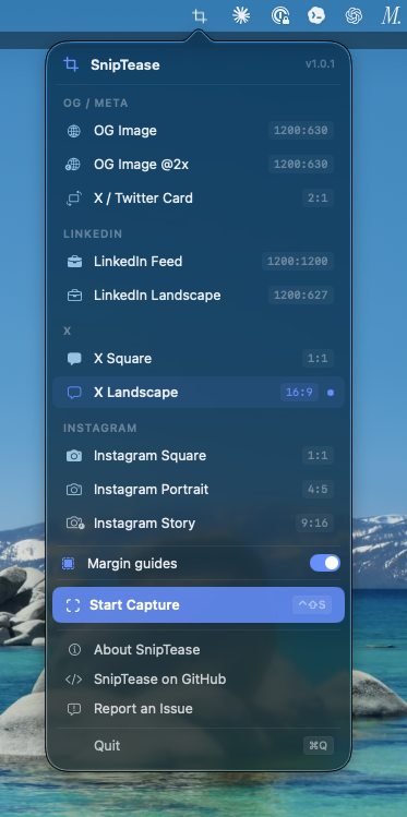 SnipTease menu bar dropdown showing preset list